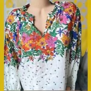 Talbots Women’s Floral Blouse L Boho Garden Print Button Front Top Cotton Light